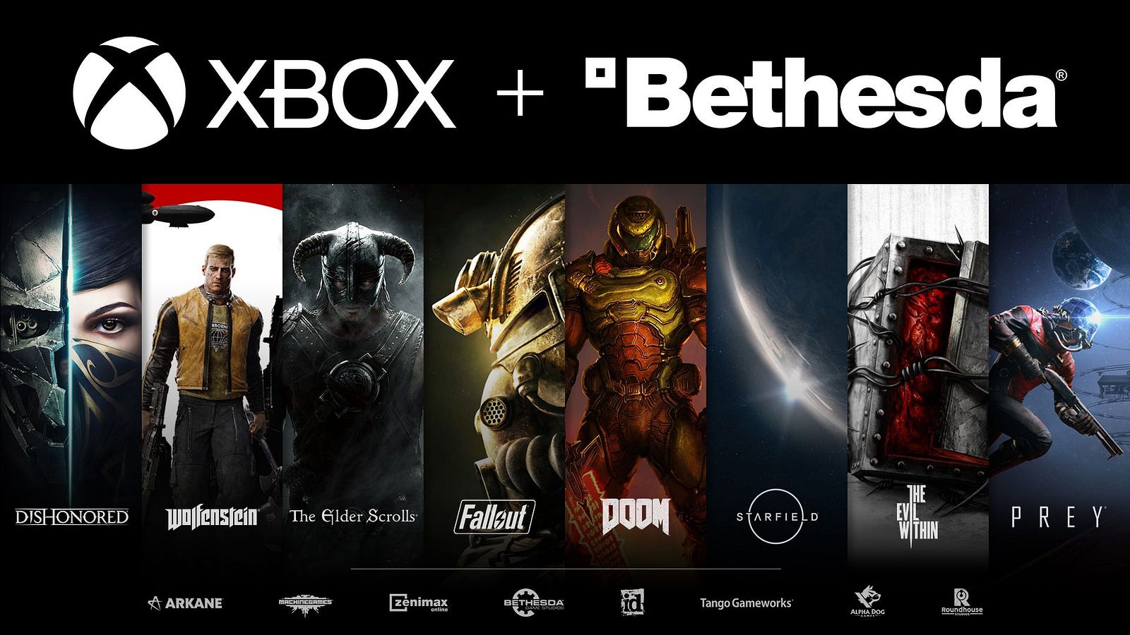 Image announcing the partnership between Xbox and Bethesda. White text at the top reads “Xbox + Bethesda.” Beneath the text, there are eight images of characters from famous Bethesda game franchises. From left to right: Dishonored, Wolfenstein, The Elder Scrolls, Fallout, Doom, Starfield, The Evil Within, and Prey. Below are logos for eight studios. From left to right: Arkane, Machine Games, Zenimax, Bethesda Game Studios, Id Software, Tango Gameworks, Alpha Dog Games, Roundhouse Studios.