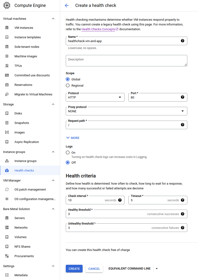 Screenshot of a creation of settings of a new health check