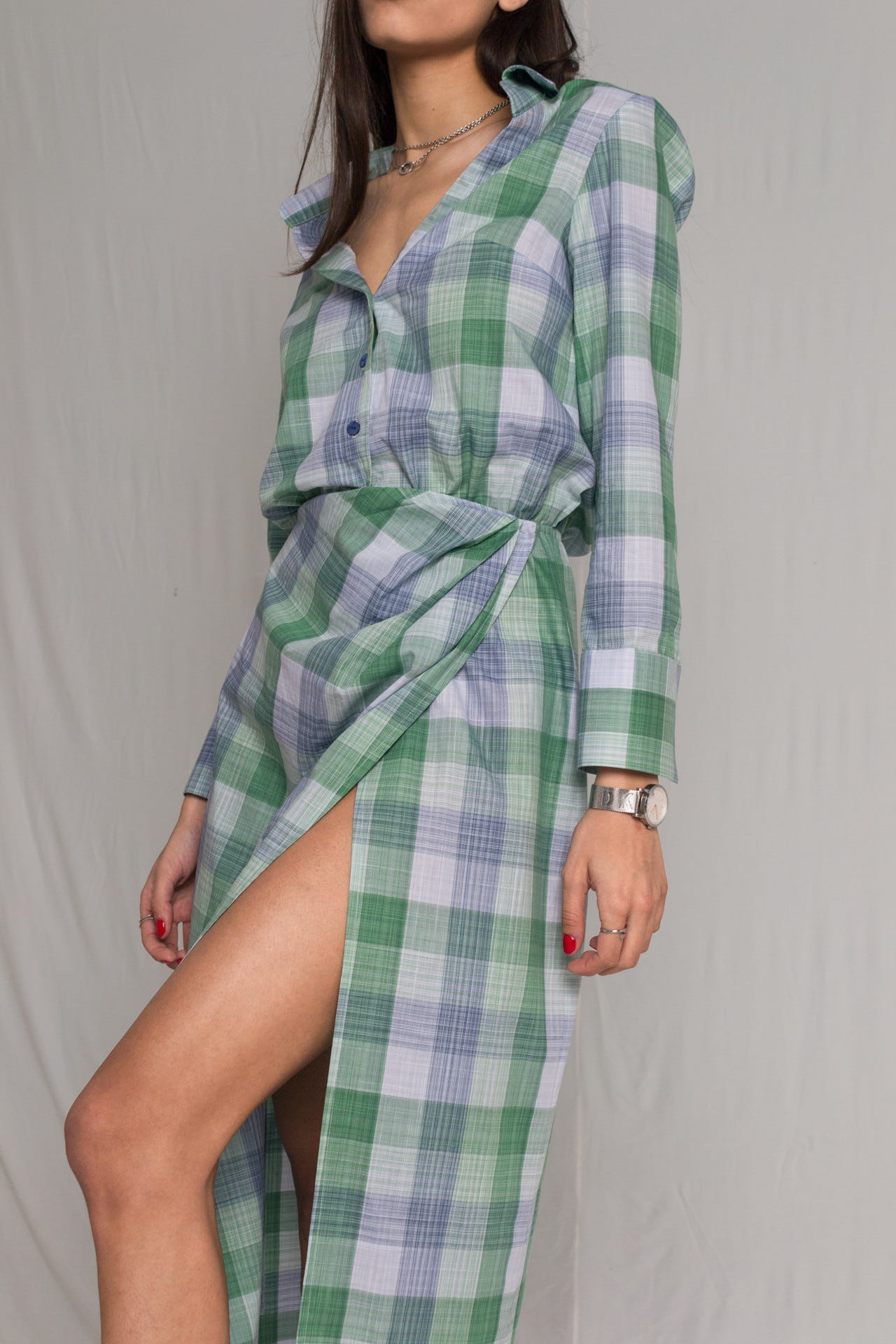 Bastet Noir made to measure plaid shirt dress with pleated detail and elastic waistband