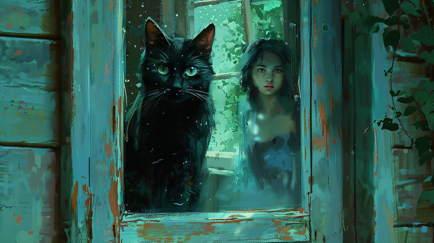 A cat watching out a window with a beautiful girl in the background
