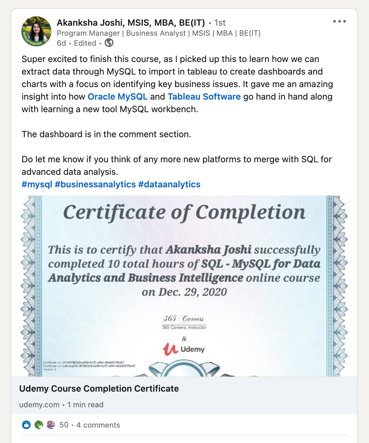 Udemy Certificate of Completion for Akanksha Joshi in the "SQL-MySQL for Data Analytics and Business Intelligence" course