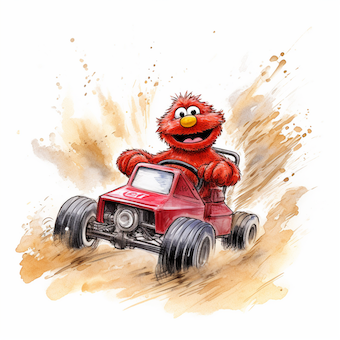 A red elmo muppet riding a dune buggy