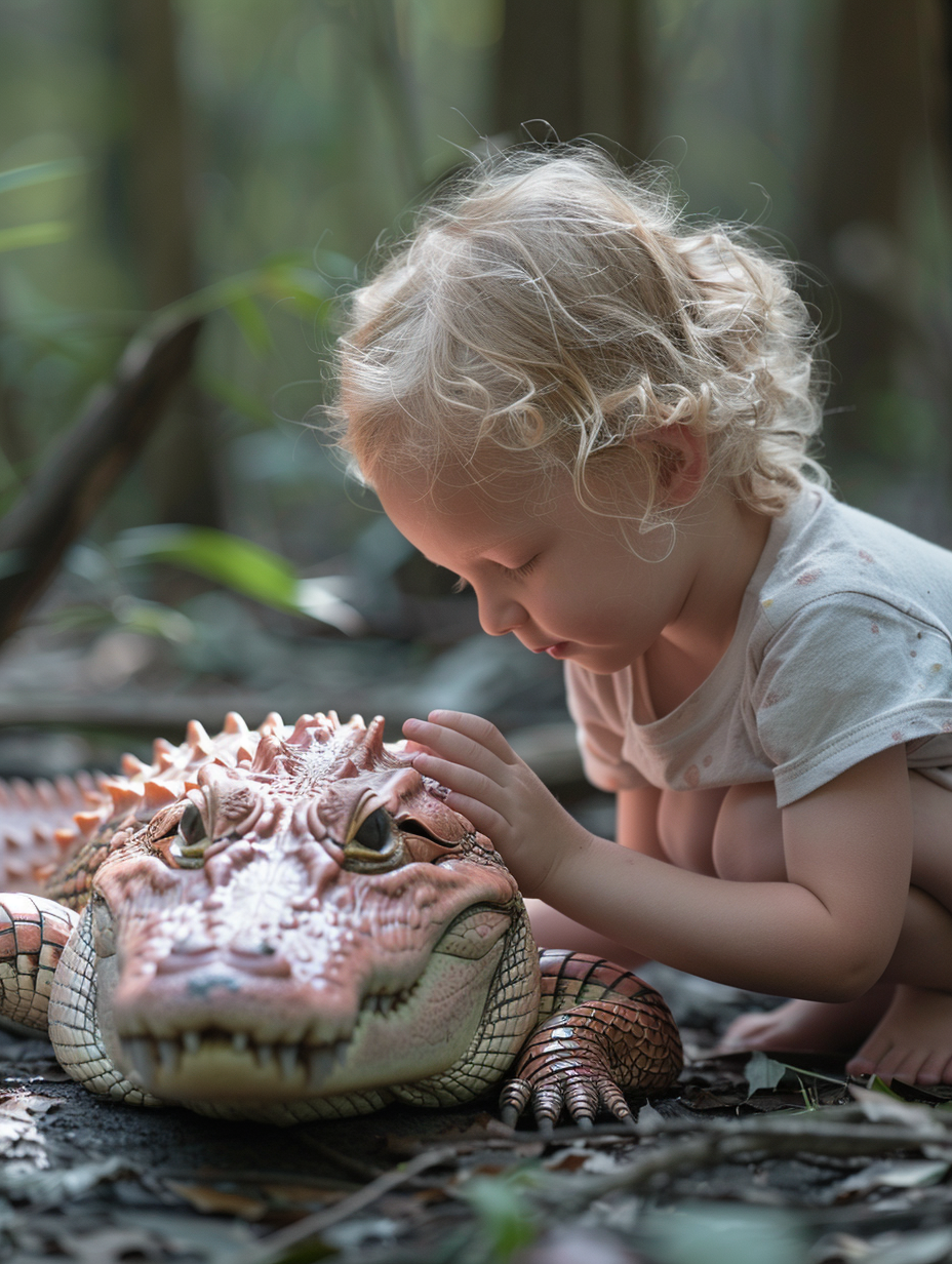 Little child playing with pink crocodile, photo, created with Midjourney AI generated image.