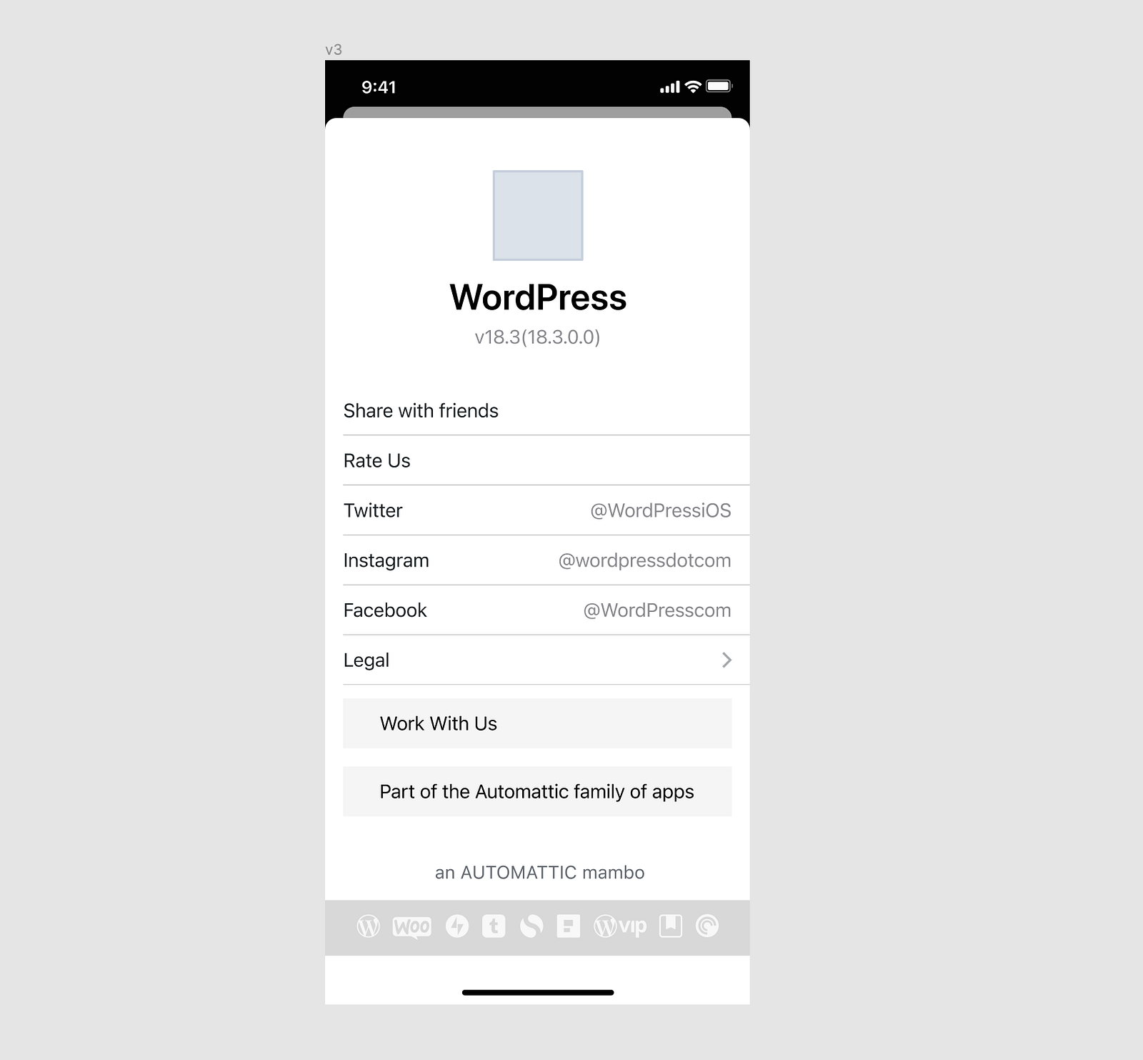 Three wireframe concepts for the unified About screen