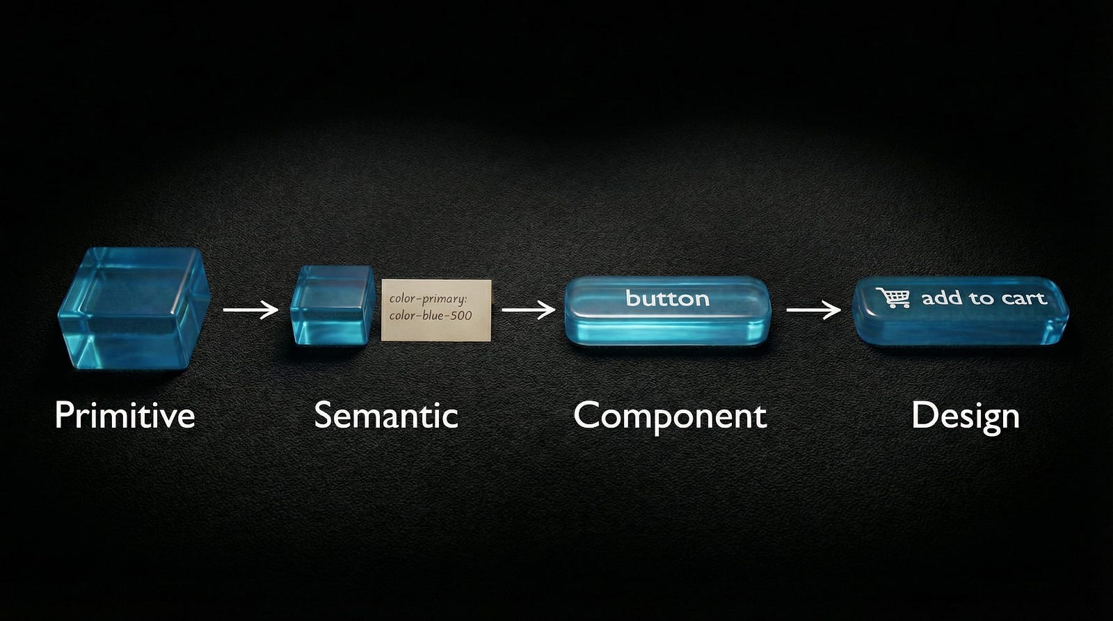 A 3D visual diagram in a transparent glass style showing the chain of values in a design system: Raw, Core, Semantic, and Component, ending with a teal "Add to cart" button.