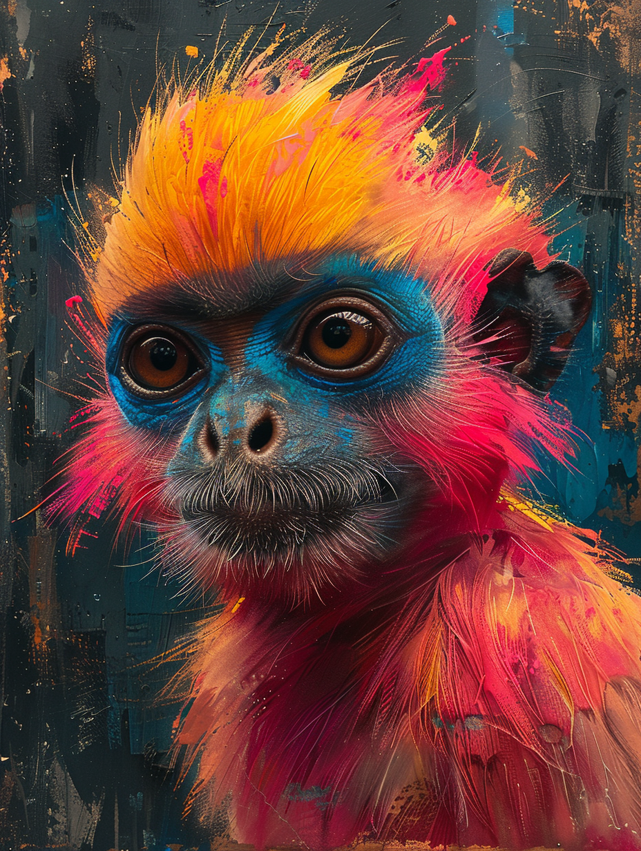 colorful cool monkey, illustration, bright colored fur, close up shot, created with Midjourney AI generated image.