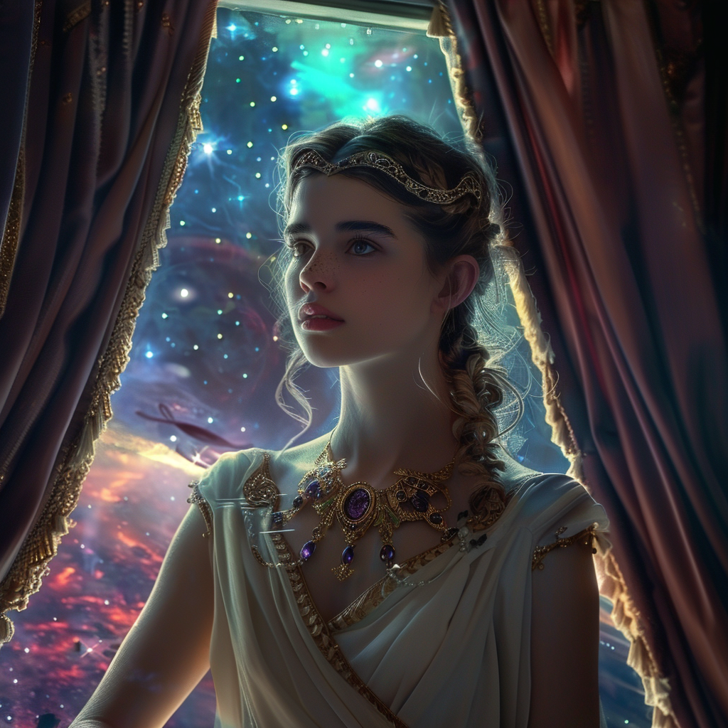 Beautiful space opera princess, wearing a jeweled circlet, emotional, window overlooking a nebula in the background, created with Midjourney AI generated image.