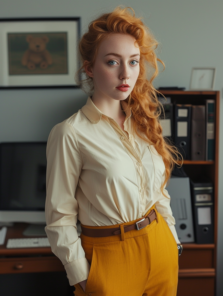 Beautiful red haired woman in a pale yellow button up shirt, in an office setting, looking toward the camera, created with Midjourney AI image generated.