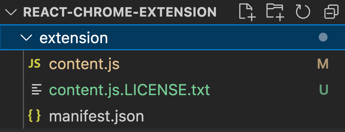 Screenshot: Extension folder with bundled content.js file