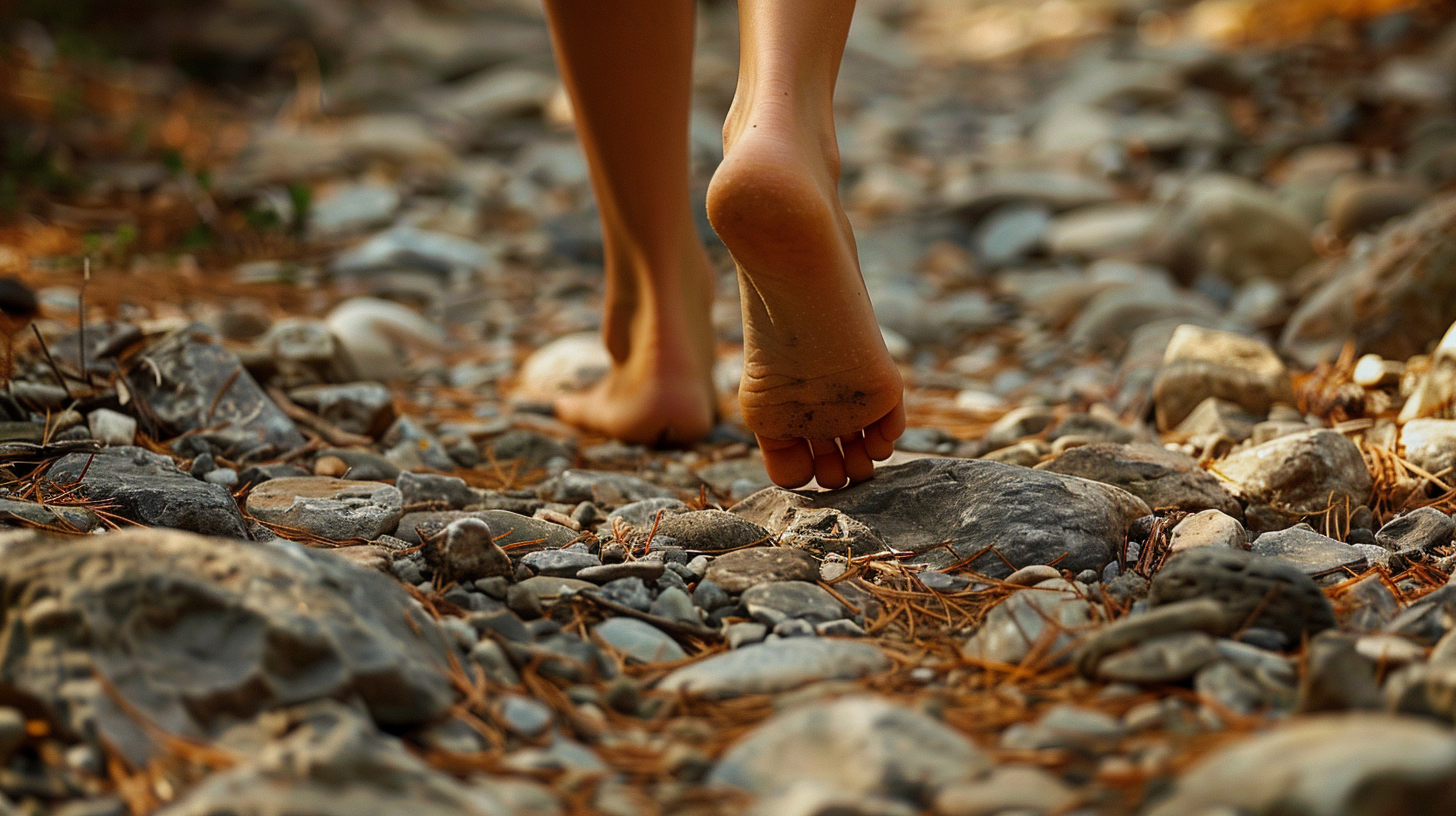 a child's feet, walking along a stone path