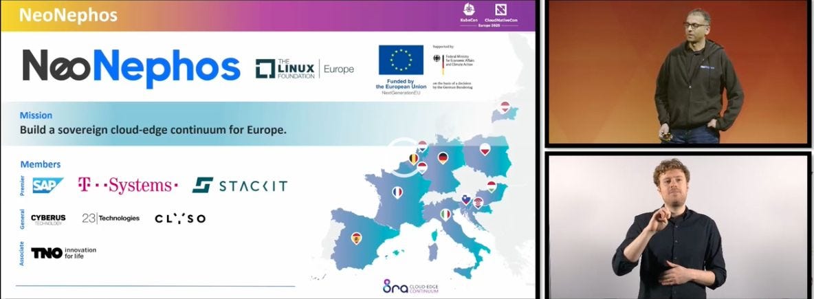 A presentation slide showing the map of Europe and the goal of building a sovereign cloud system.
