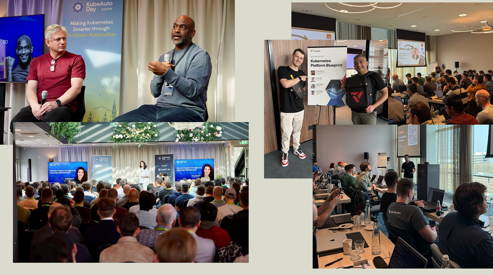 A split image showing people at the KubeAutoDay event and others attending a vCluster workshop.