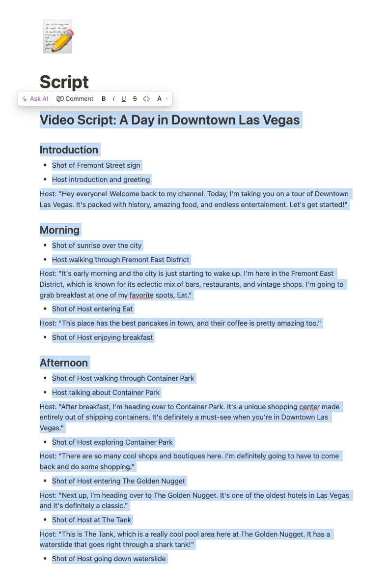 Screenshot showing the detailed results from the AI Assistant in Notion breaking down a vlog structure for a day out in Downtown Las Vegas. The screenshot includes scipted elements.
