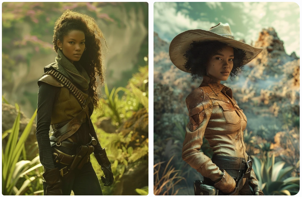 beautiful bi-racial woman, sci fi cowgirl explorer wandering a lush alien landscape, movie still image, AI generated image, created with Midjourney.