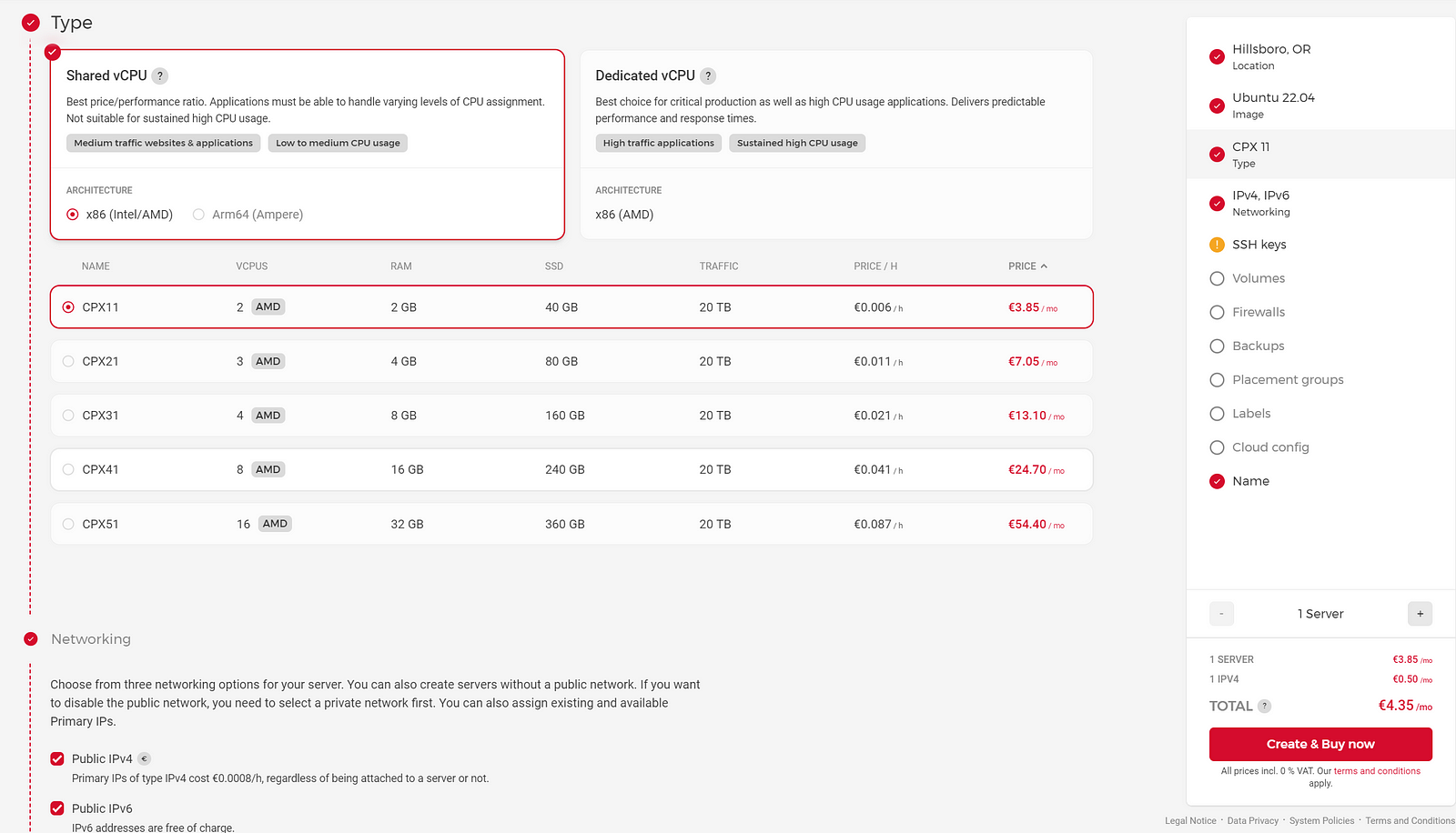 Screenshot of a Hetzner admin panel with a creation of a new VM and it’s cost