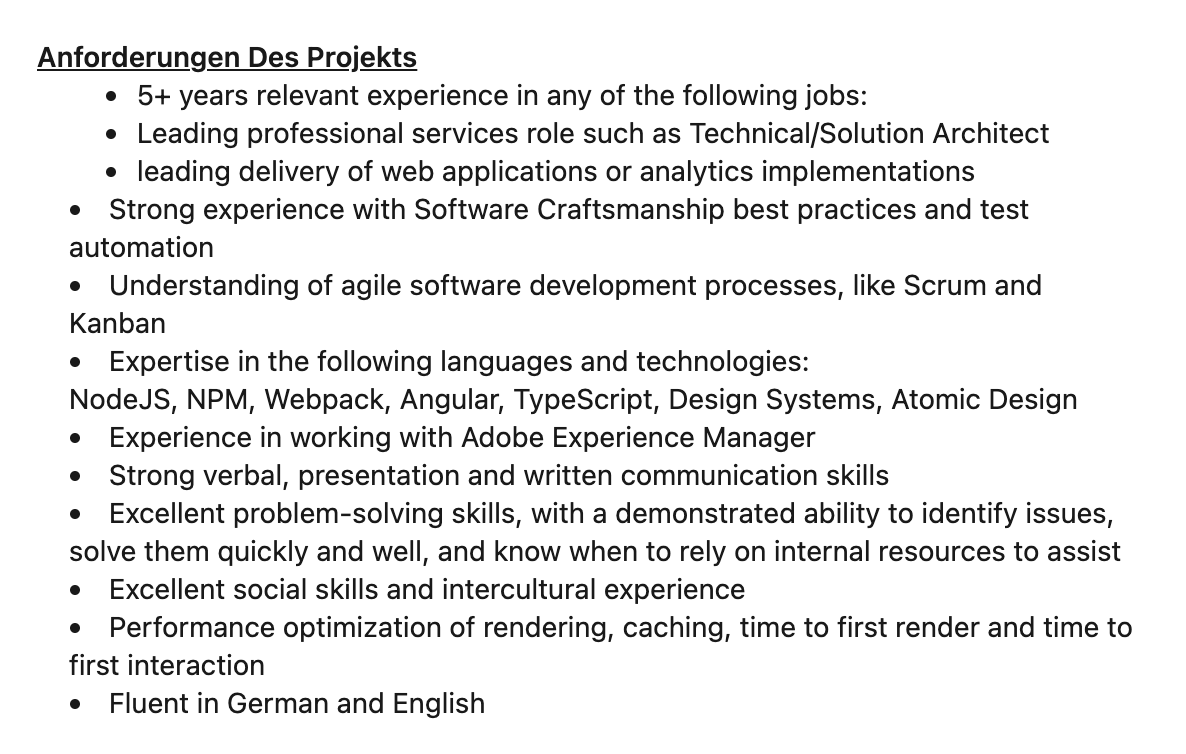 List of requirements for a job as a Front End Engineer. "Strong experience with Software Craftsmanship best practices and test automation" among other requirements.