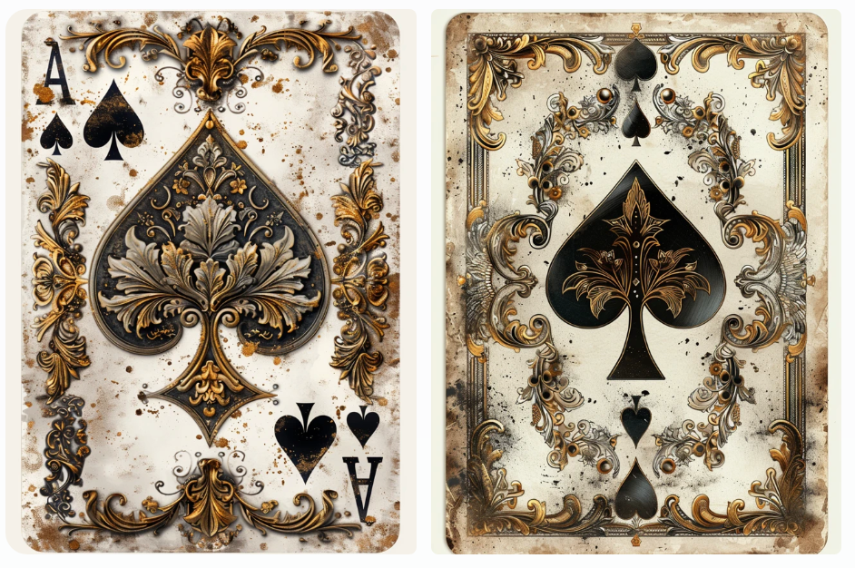 An old-style illustration of playing card with intricate gold and silver accents on a white background. The cards display vintage designs, with elegant metallic details enhancing their classic charm, created with Midjourney AI generated image.