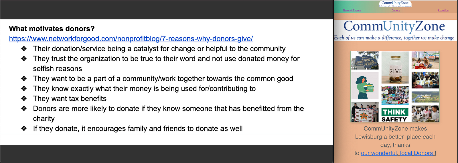 List of what motivates donors next to new home page catered to donors