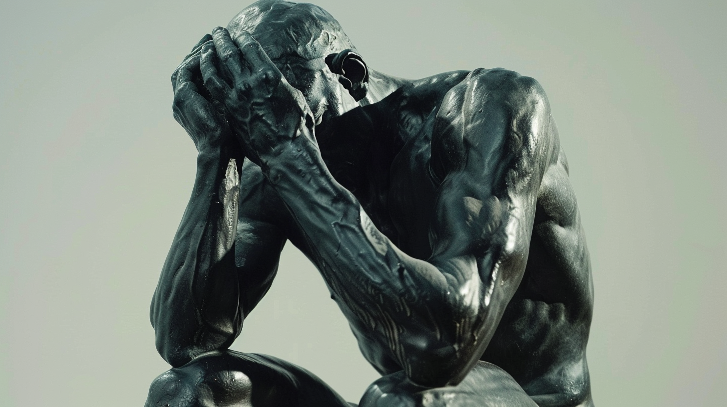 The statue from Rodin's "The Thinker" with his head buried in his hands