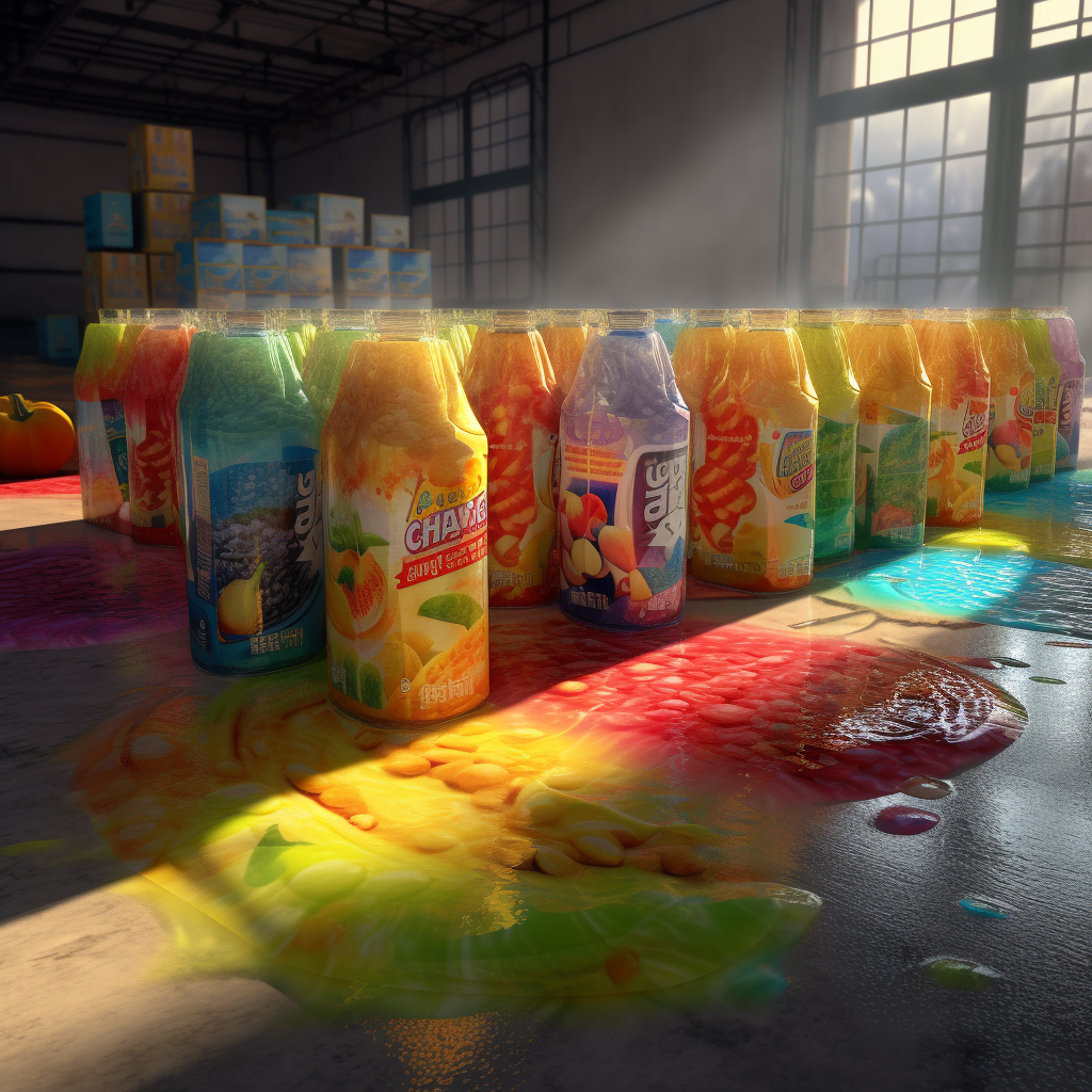 packaged foods in a factory, oozing gelatinous liquid onto floor, colorful packaging, created with Midjourney AI generated image.