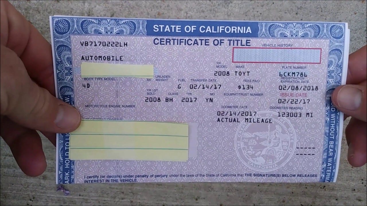 car title for sale car title certificate proving vehicle ownership for a used car purchase