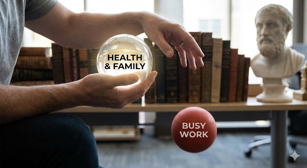 A visual metaphor for prioritization showing hands holding a glass ball marked “HEALTH & FAMILY” while dropping a red ball marked “BUSY WORK.”