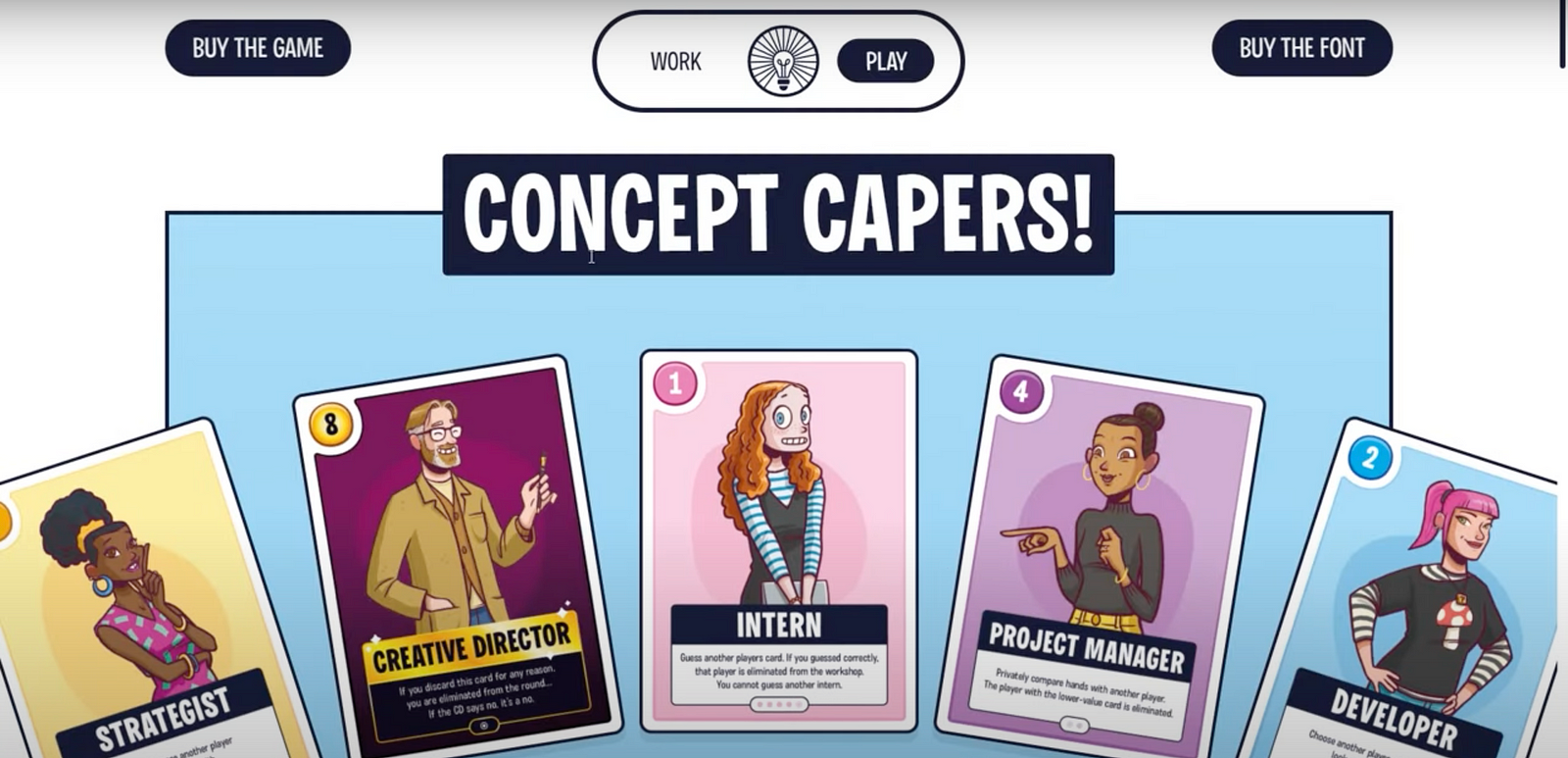 A colorful graphic featuring cartoon-style cards of different characters like Strategist, Creative Director, Intern, Project Manager, and Developer, each with unique attributes and roles in a playful design.