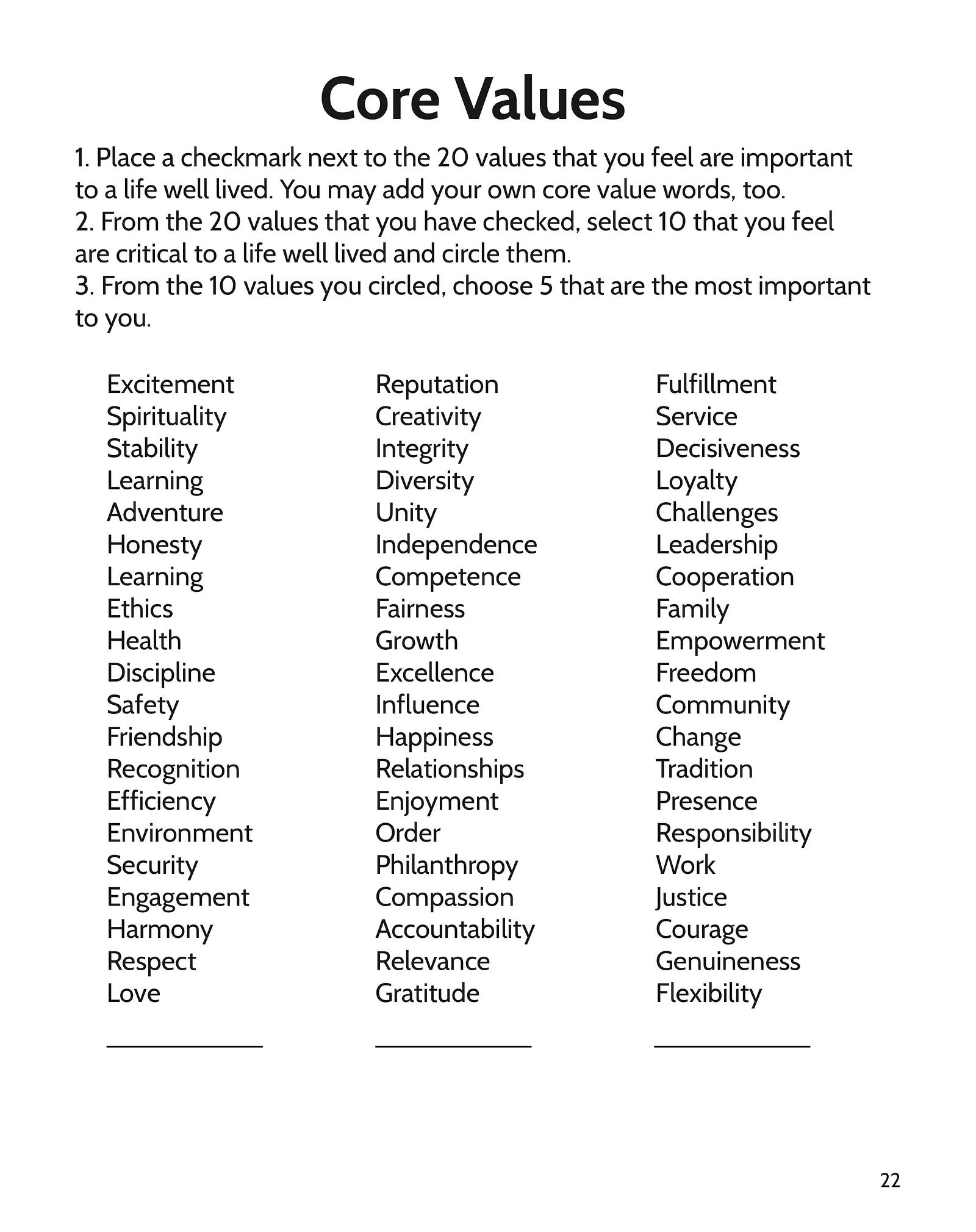 Identifying Your Core Values Worksheet