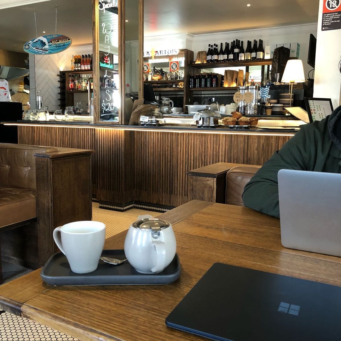 working at a café with laptop and coffee