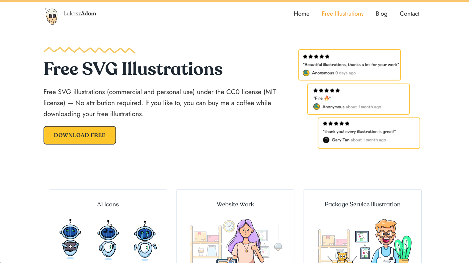 Minimal hand-drawn SVG illustrations. Best for personal sites, portfolios, and blogs that want a human touch.