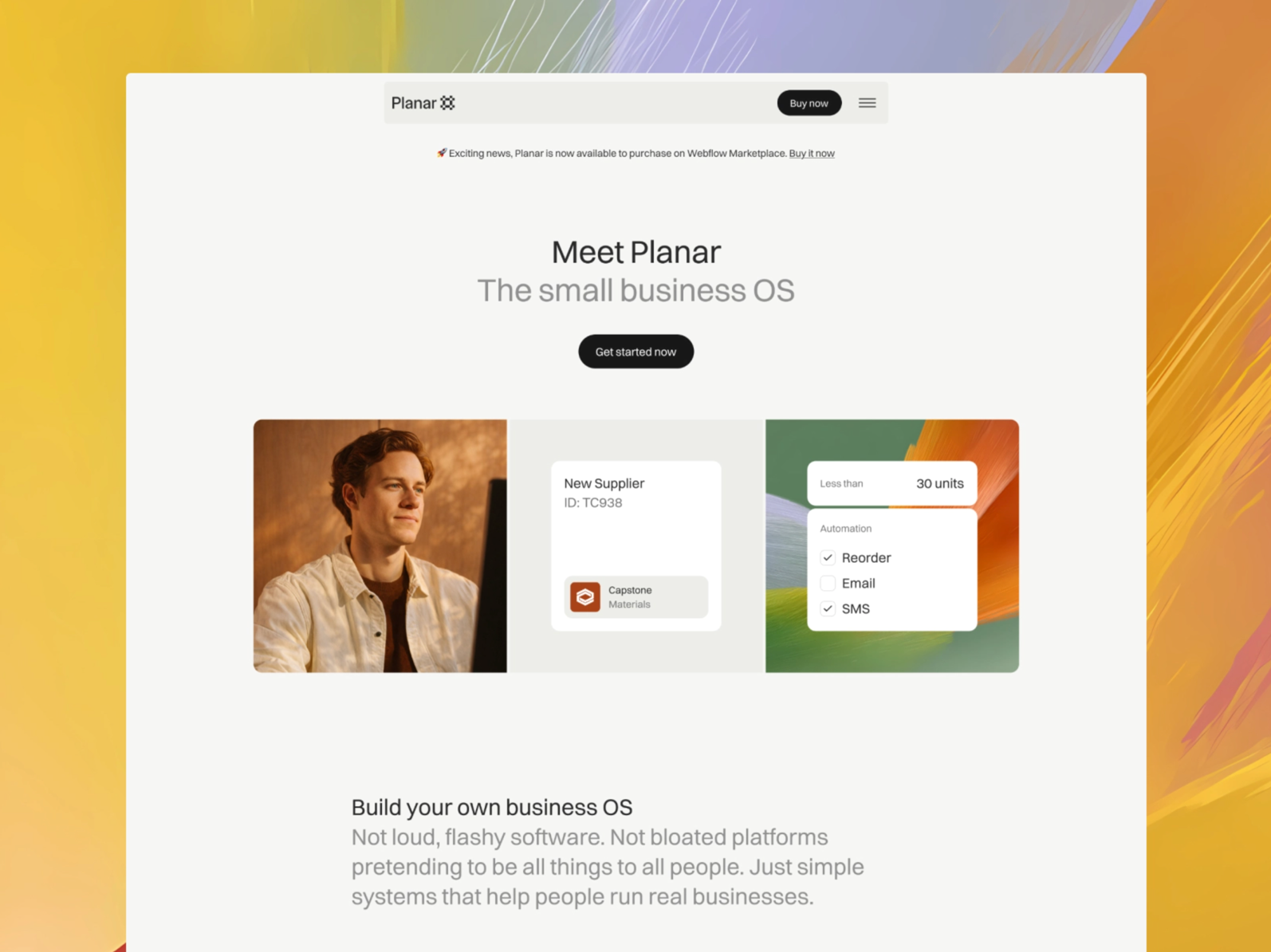 Clean SaaS landing page for “Planar” featuring a minimal interface, soft gradients, product cards, and a headline describing it as a small business operating system.