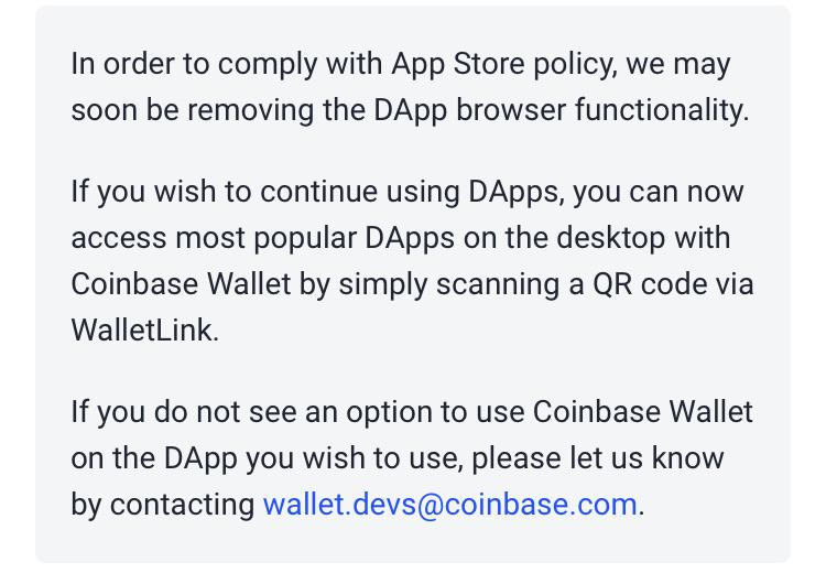 Coinbase Wallet อาจถูกถอดออกจาก Apple Store เนื่องจากขัดต่อนโยบายใช้งาน