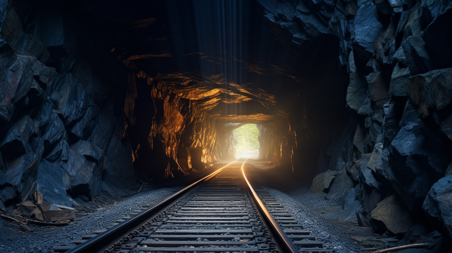 A dark train tunnel with a bright light in the distance