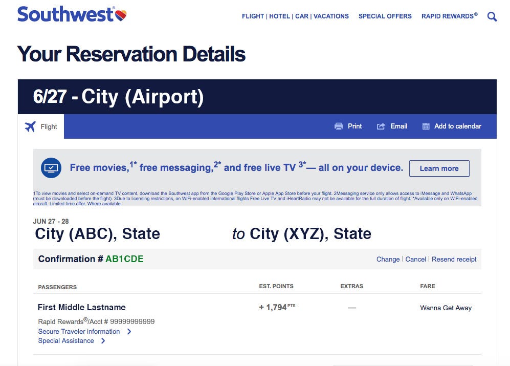 southwest airlines travel receipt