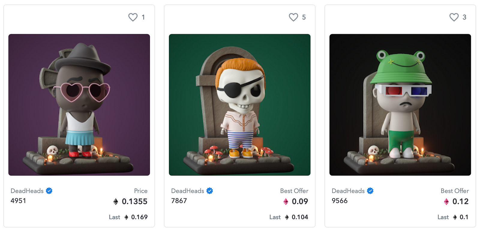 Three digital collectibles from the series ‘DeadHeads’, up for sale on OpenSea.io