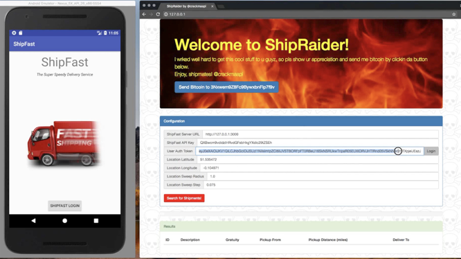 Screenshot showing ShipRaider app demo