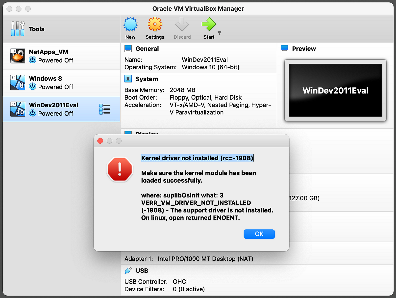 kernel not installed virtualbox mac