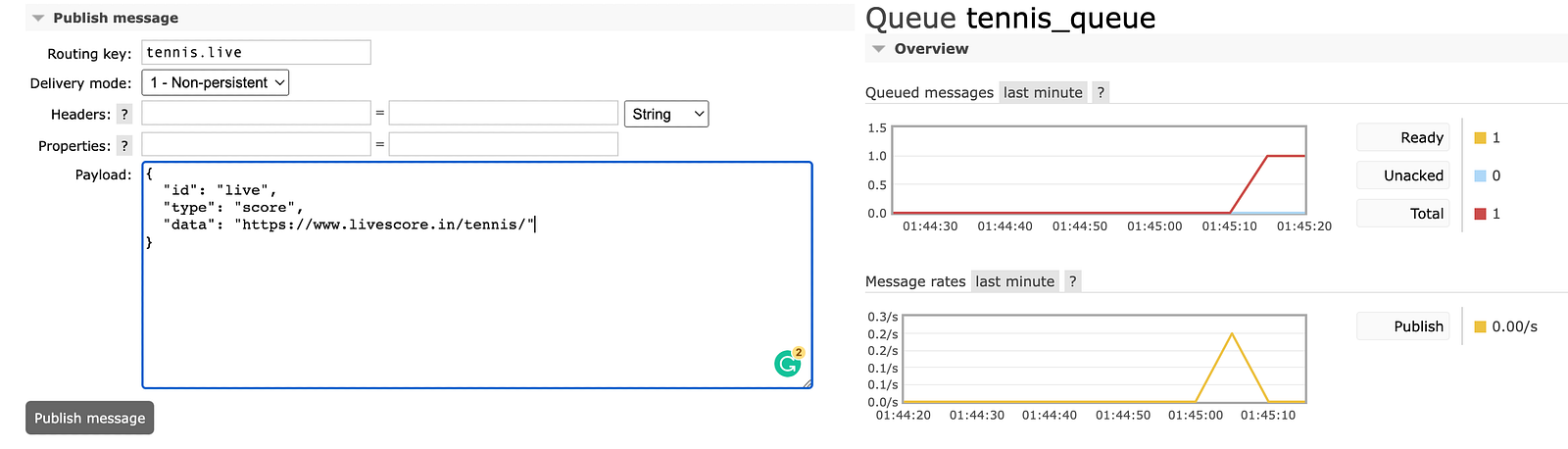 Message published to sports.topic.exchange with routing key tennis. live and received by tennis_queue