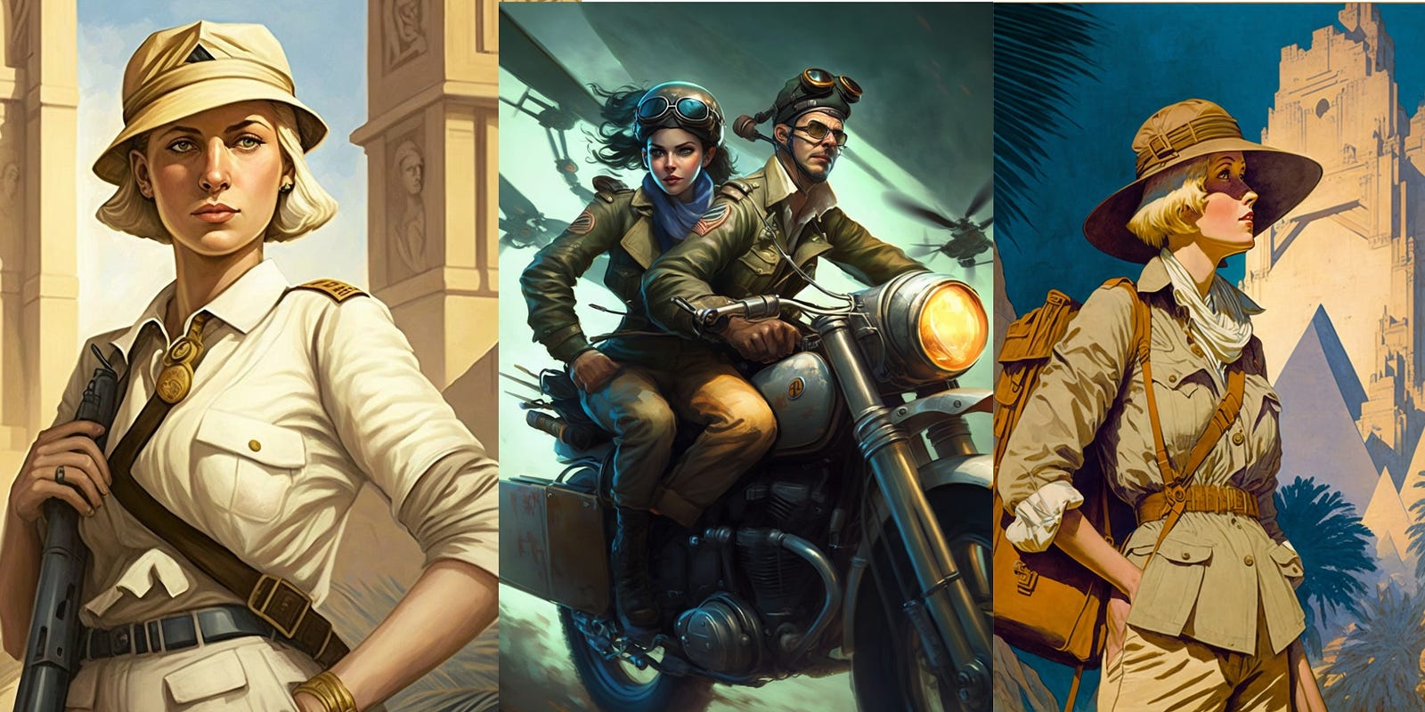 images of a 1930s female explorer like Indiana Jones, images created with Midjourney
