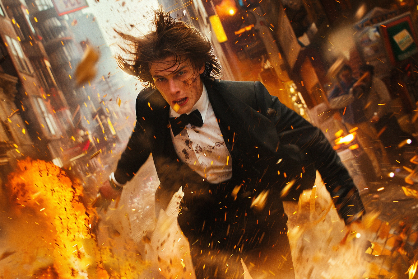 a young man with his tuxedo jacket ripped and askew, sprints with a fierce expression, smoke smudges on his face, flames lick at the edges of a chaotic street scene, AI generated image, created with Midjourney.