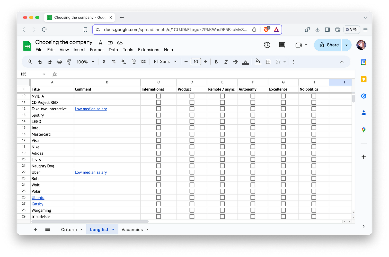 Screenshot of Google Sheet with a long list of a companies where I’ve looked for positions