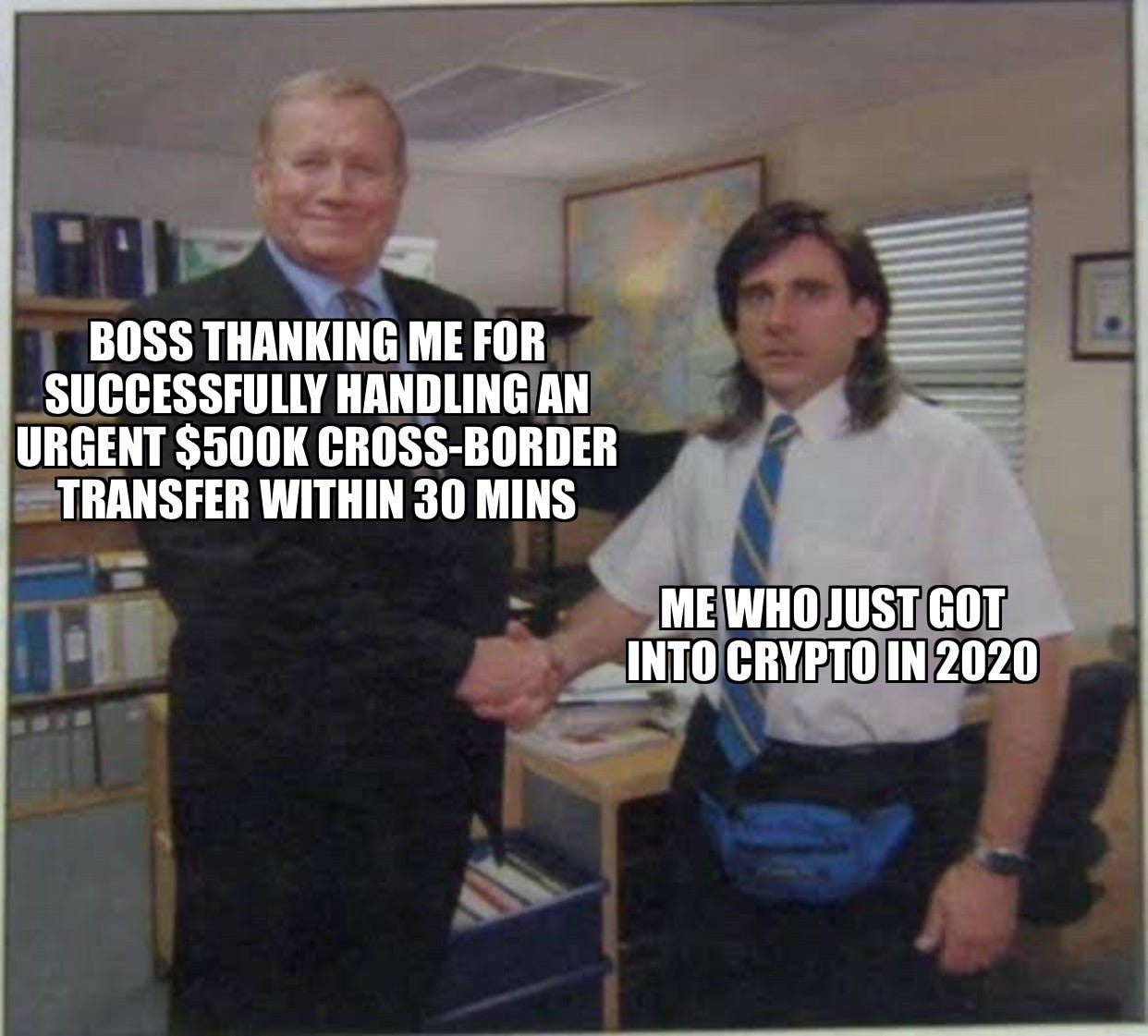 Cryptocurrency Better vs. Fiat: Office Handshake meme (context: boss thanking crypto newbie)