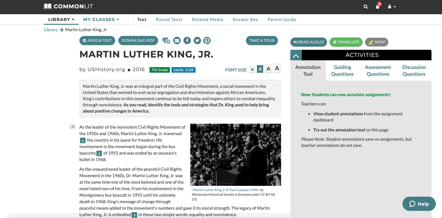 A video showing how to turn on the Translation tool in the lesson "Martin Luther King, Jr."