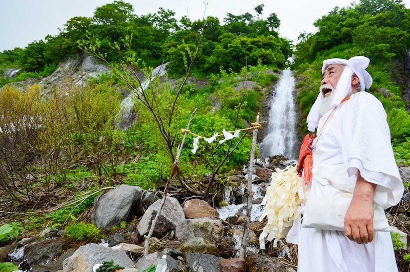 A master yamabushi mountain ascetic chants somewhere in Yamagata Prefecture
