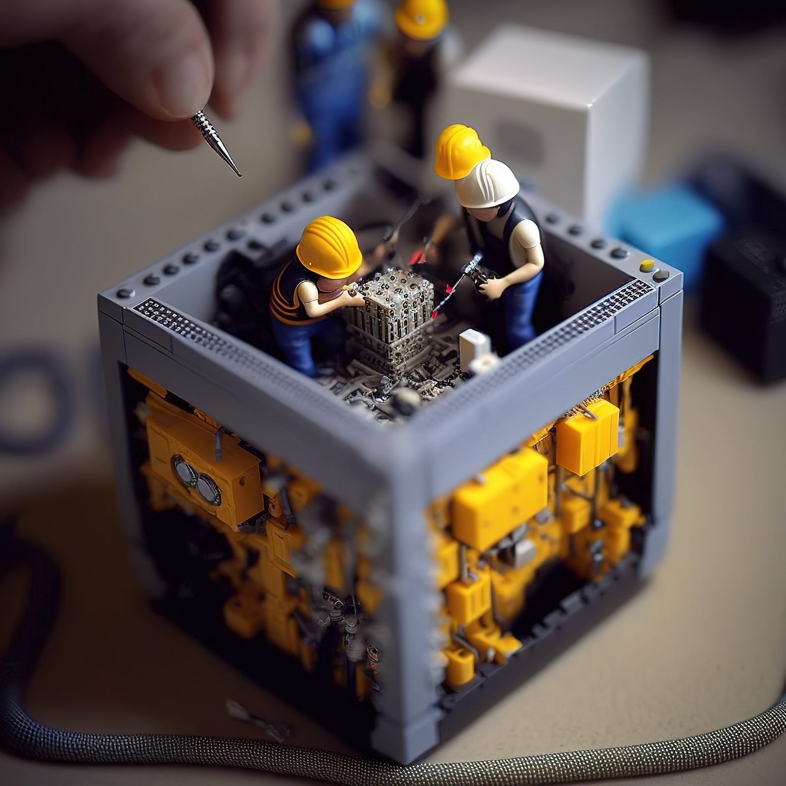 Immagine decorativa con omini stile Lego che collaborano alla saldatura di parti meccaniche