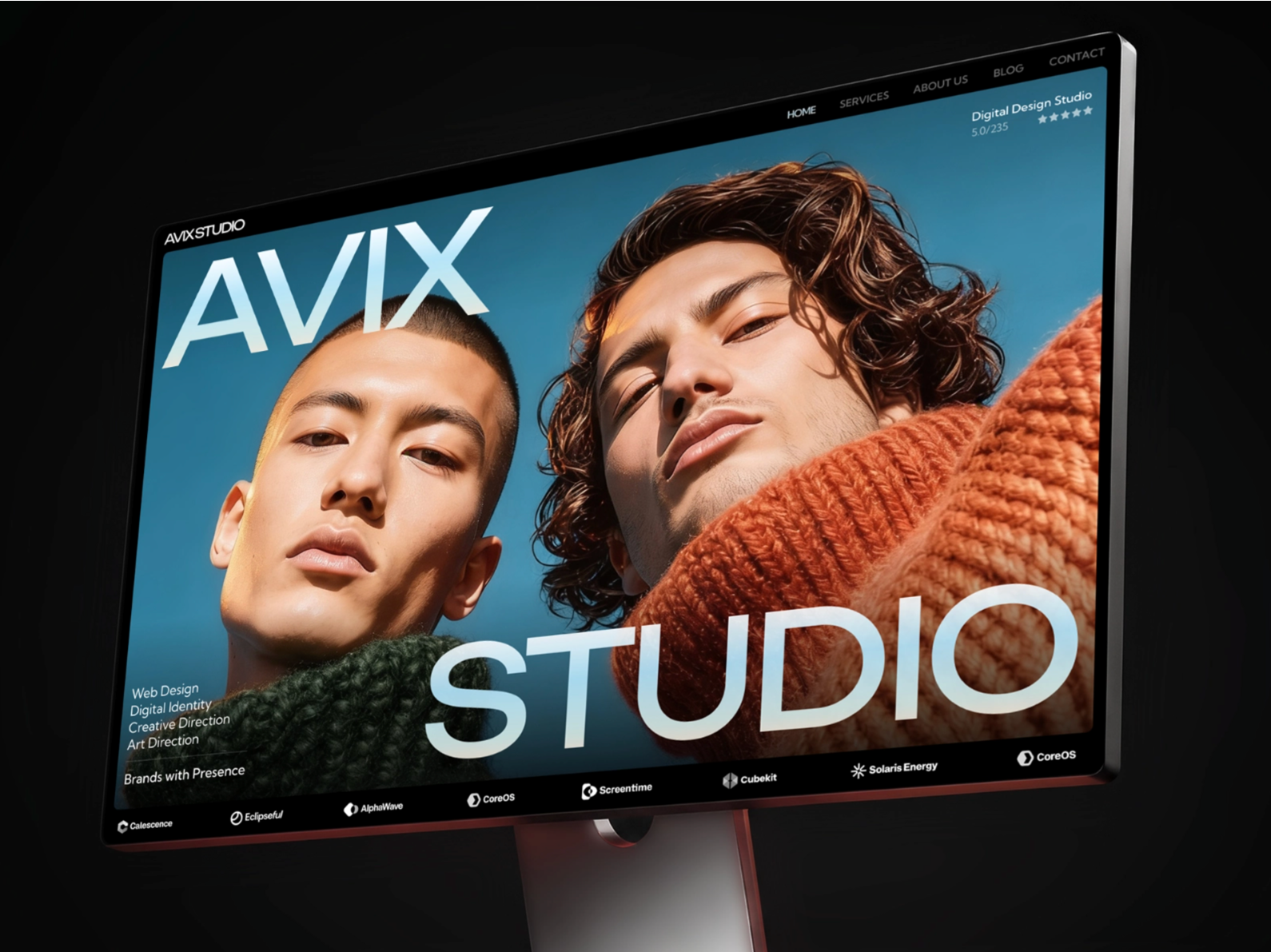 Dark cinematic portfolio template preview for Avix Studio featuring oversized typography, fashion-inspired photography, and a bold editorial web design aesthetic displayed on a floating monitor.