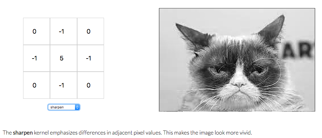 Left: a 3x3 matrix containing the values [[0, -1, 0], [-1, 5, -1], [1, -1, 0]] Right: Grumpy Cat in greyscale and sharpened. Caption: the sharpen kernel emphasizes differences in adjacent pixel values. This makes the image look more vivid.