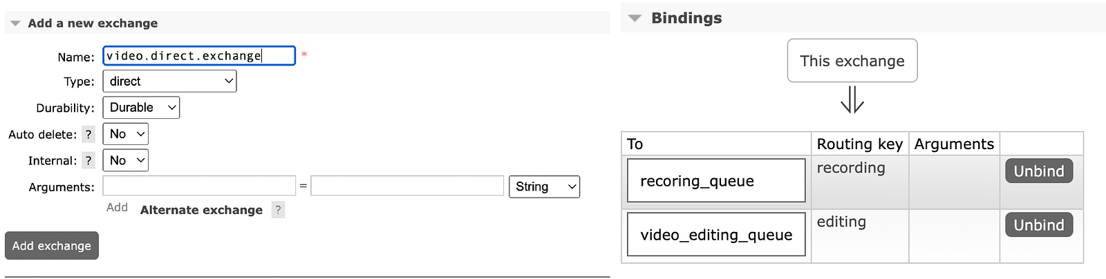 Direct exchange config in rabbitMQ console
