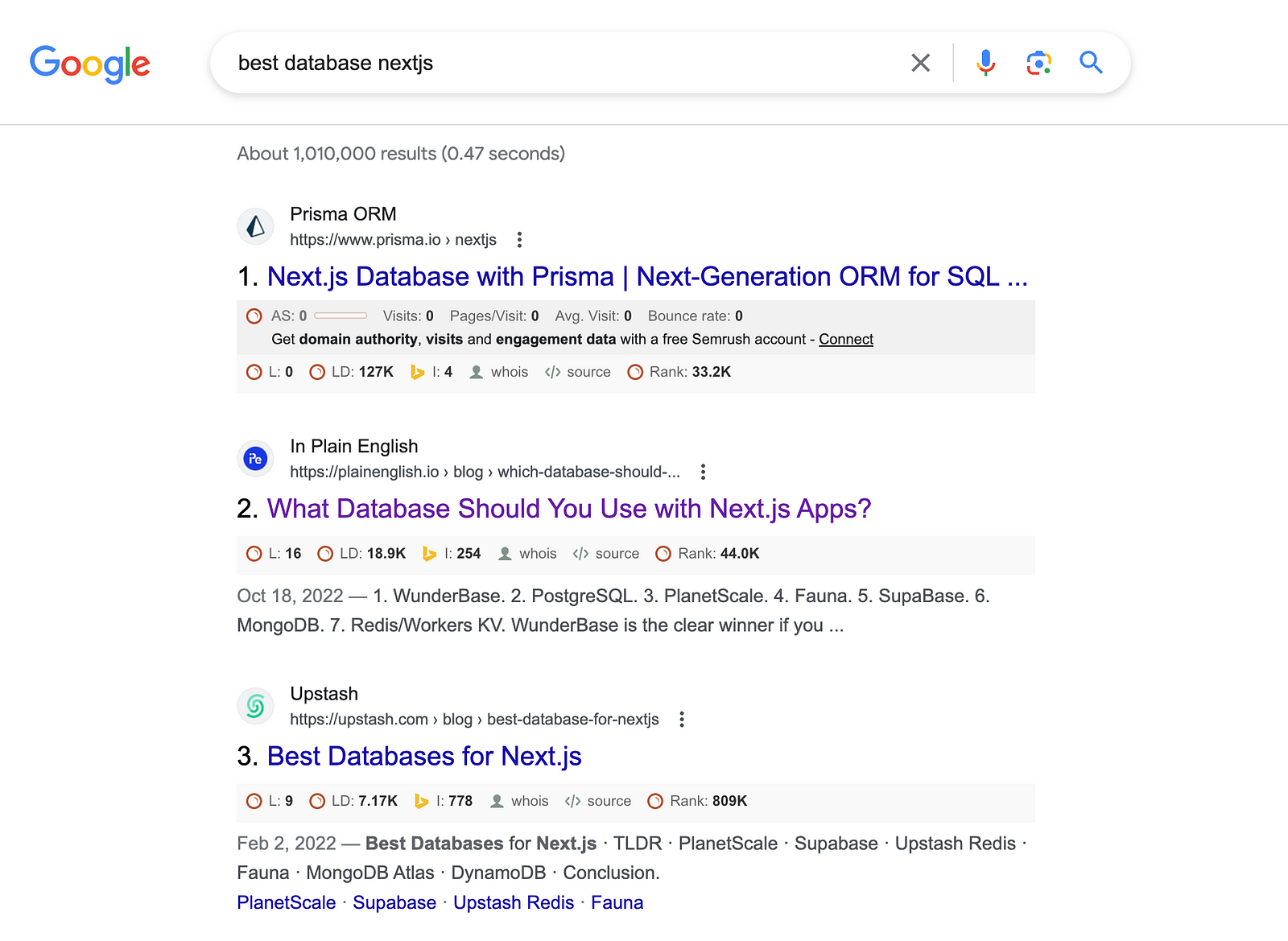 Image that shows Wundergraph's article in the second position on Google for the search query of "best database nextjs"