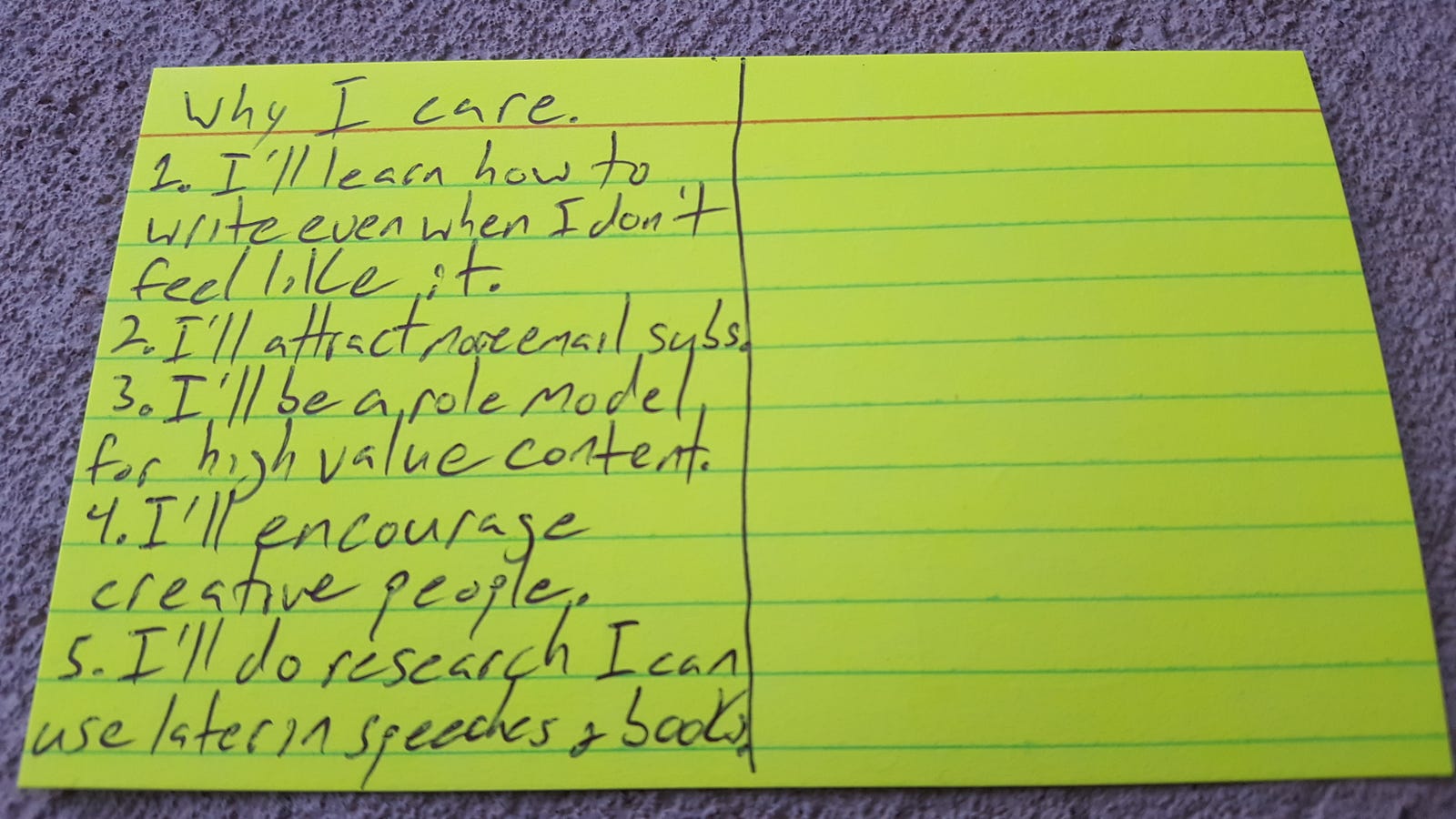 Notecard with 5 reasons written beneath the heading "Why I care."